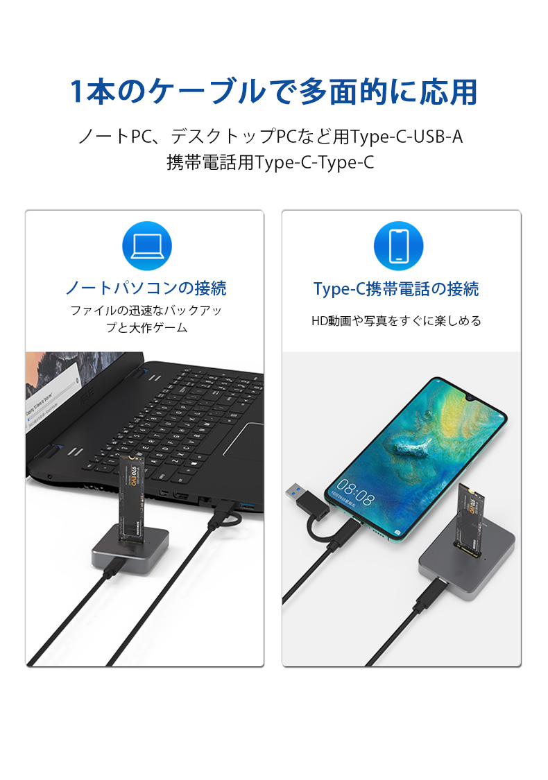 USB Type-C NVMEとSATA対応 M.2 SSDケース USB 3.1 Gen2