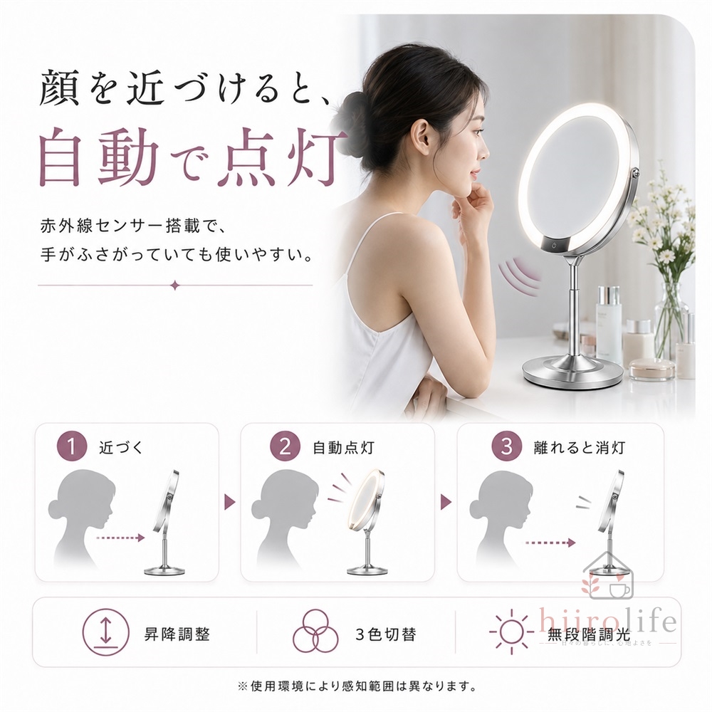 卓上ミラー 両面ミラー メイクミラー LED化粧鏡 3倍拡大鏡 ガス圧式 高