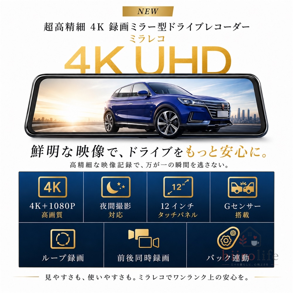 ✨1点物✨ミラー型 ドライブレコーダー 12インチ 4K 前後同時撮影 ドライブレコーダー ミラー型 4K 12インチ 前後2カメラ GPS搭載 前後