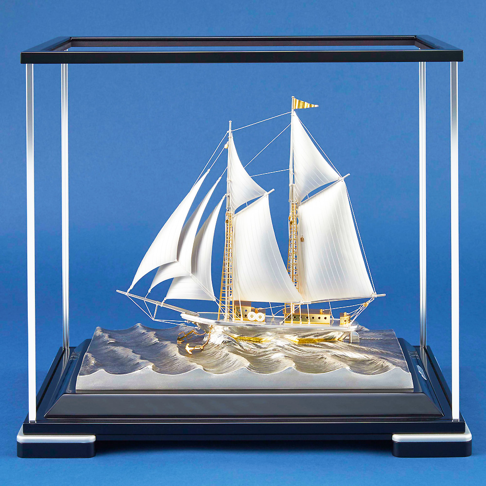 ヨット 2本マスト 1号｜銀製置物/ソリッドガラスケース : HIKARI
