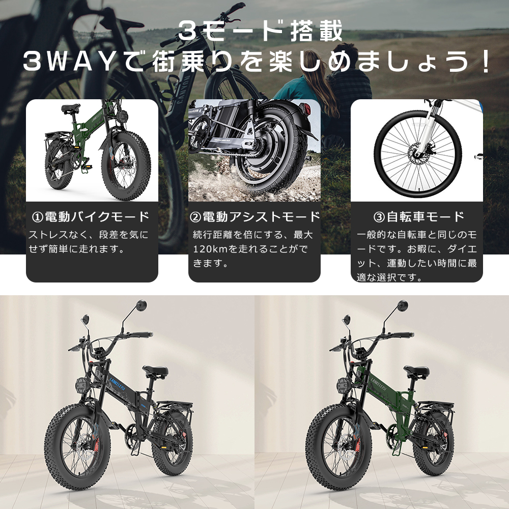 フル電動自転車 最強 1000W 20インチ 48V 15AH 7段変速 最大走行距離120km FATBIKE 電動自転車 折りたたみ 軽量  モペット ファットバイク 公道走行可能 免許必要