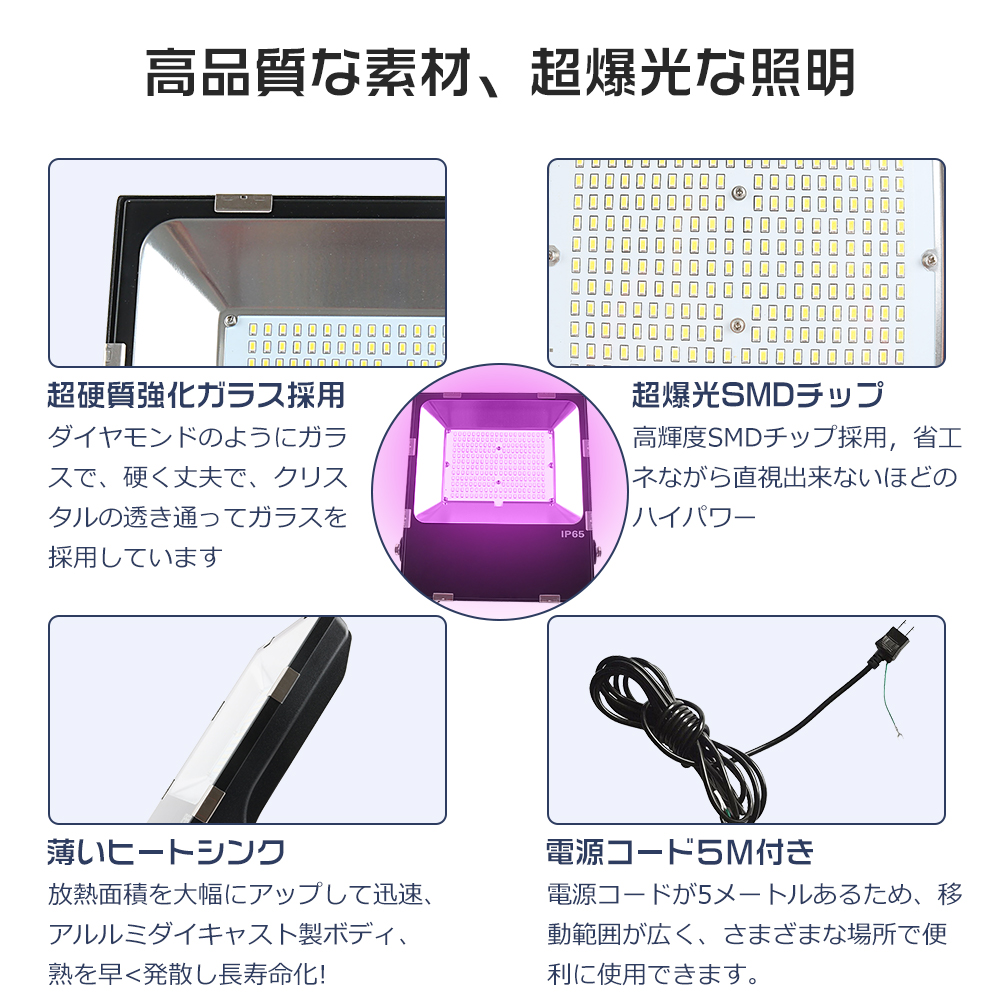 ブラックライト LED UVライト 投光器 390nm-405nm 紫外線 防水 IP65