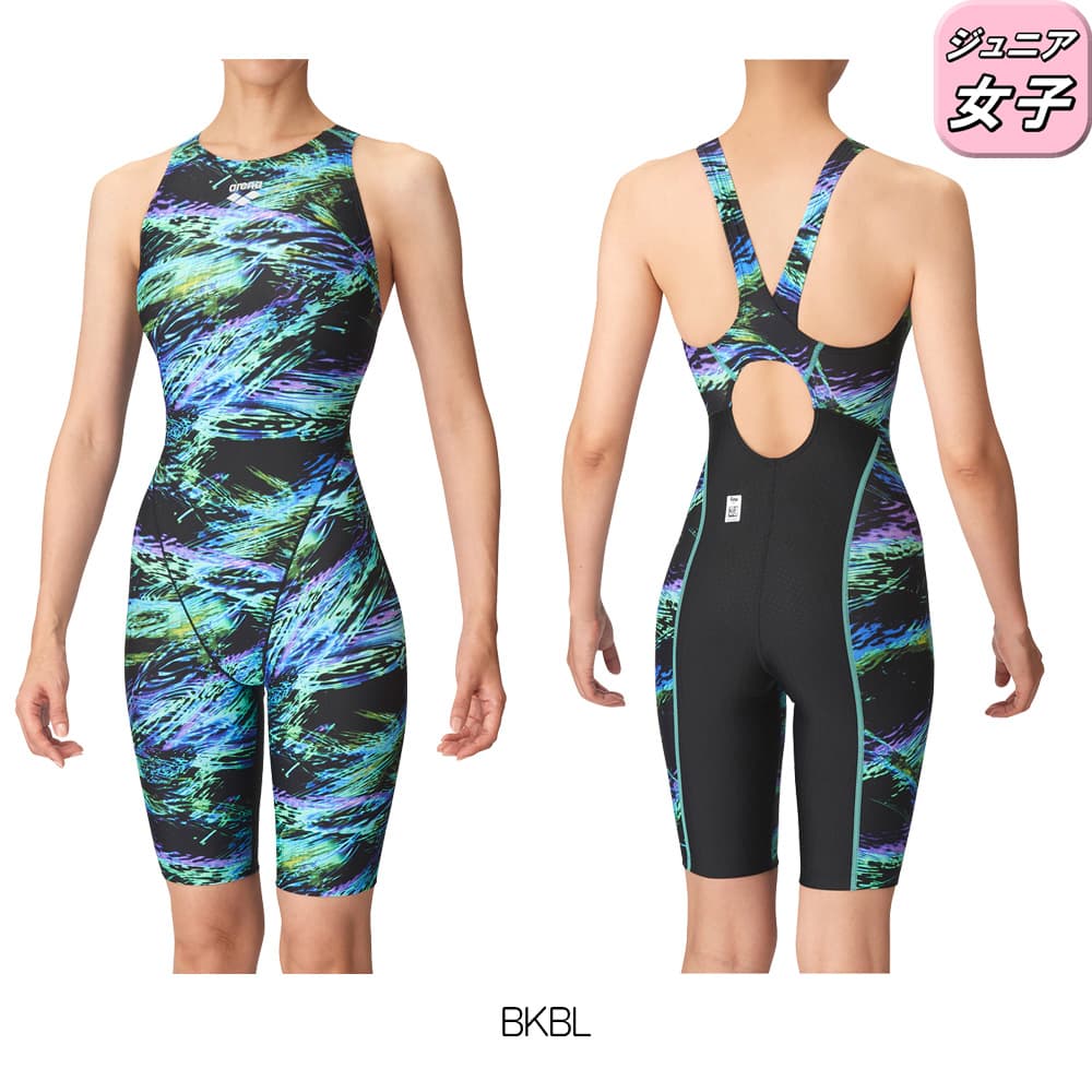 競泳水着 ジュニア女子 アリーナ arena WA承認モデル スパッツ オールインワン ハーフレッグ AQUA RACING AQUA STRIPE-D 2024年秋冬 | アリーナ | 02
