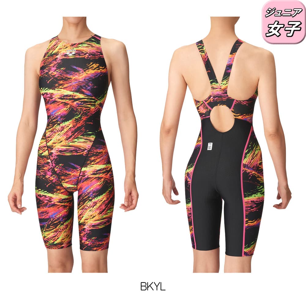 競泳水着 ジュニア女子 アリーナ arena WA承認モデル スパッツ オールインワン ハーフレッグ AQUA RACING AQUA STRIPE-D 2024年秋冬 | アリーナ | 01