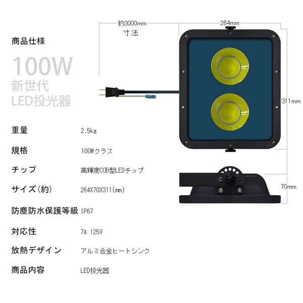 投光器 led 屋外 作業灯 100W 24000lm 防水 2倍の明るさ 3mコード