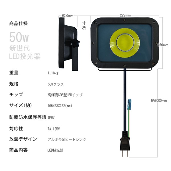 投光器 led 屋外 作業灯 50W 12000lm 防水 2倍の明るさ 3mコード