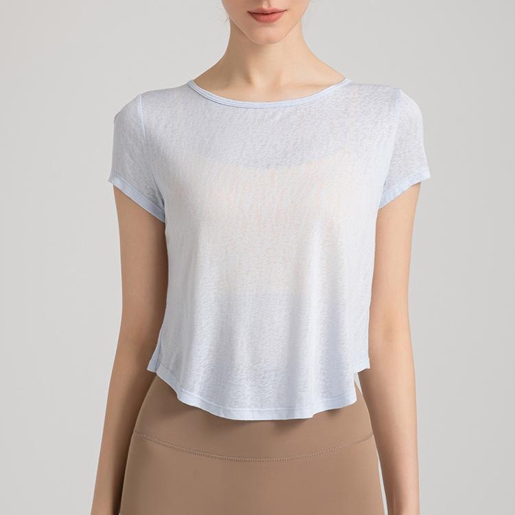 2024年 スリムなヨガウェア 半袖 クロップドTシャツ 女性用 薄手 屋外 通気性 ルーズフィット...
