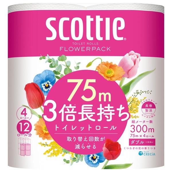 "トイレットペーパー ダブル 3倍長持ち 75m 4ロール フラワーパック オリジナルティッシュ付き まとめ買い " (4袋)