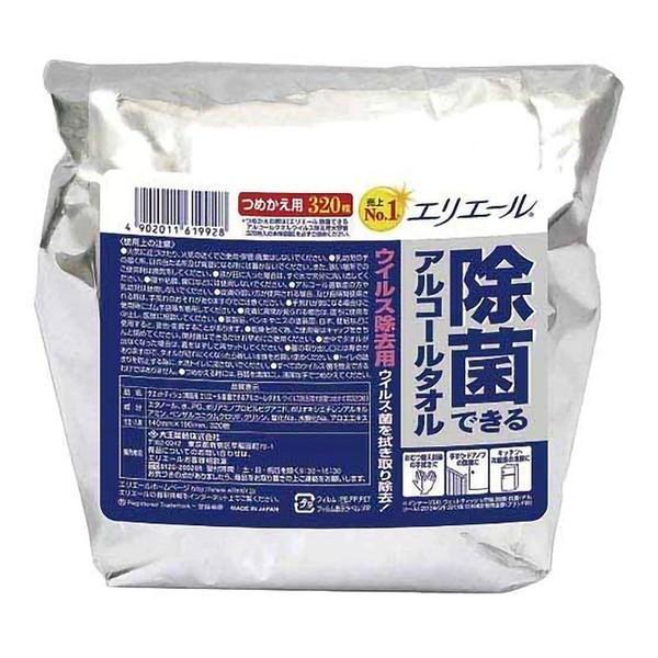 (まとめ買い×8個セット)大王製紙 エリエール 除菌できる アルコールタオル ウイルス 除去用 大容量 つめかえ用 320枚 (送料無料)