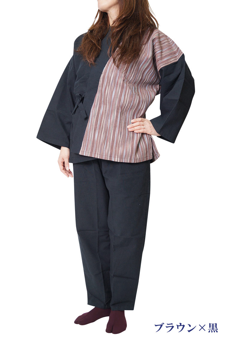 作務衣 日本製 女性 たて絣デザイン 片身 婦人作務衣 さむえ 8045 綿100％ M/L｜himeka-wa-samue｜02