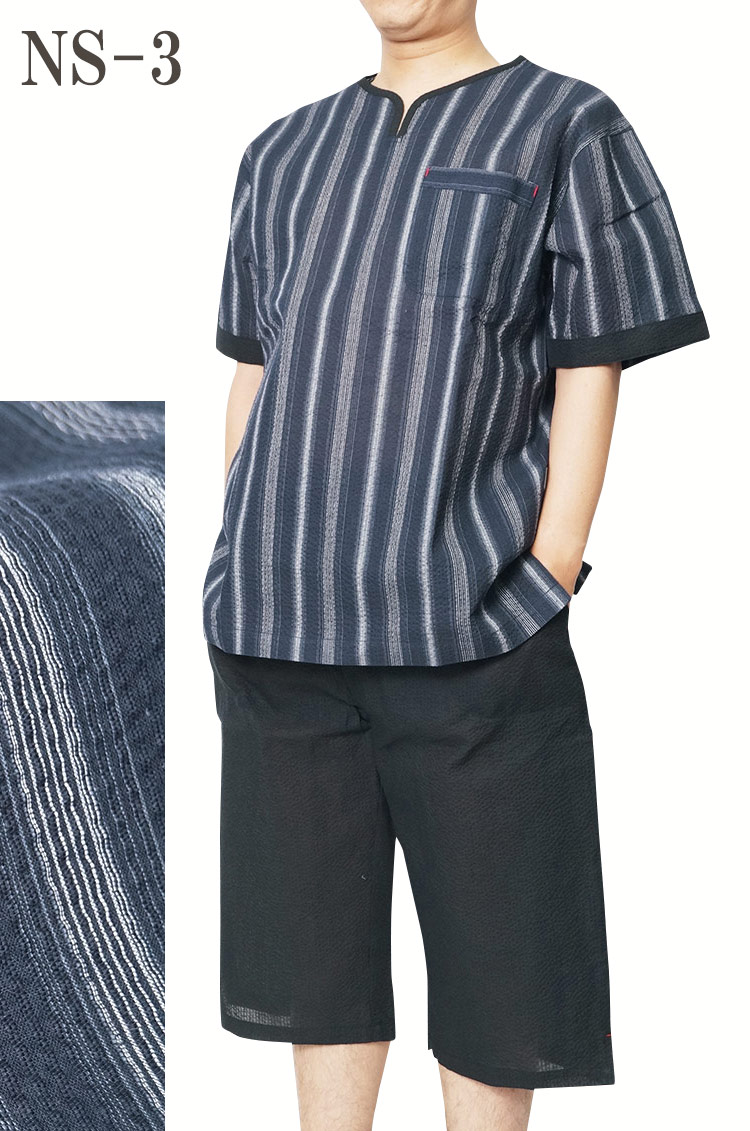 ヘンリーネック 甚平 ホームウェアしじら織り 綿80％麻20％ ロングパンツ黒 M/L/LL/3L/4L/5L