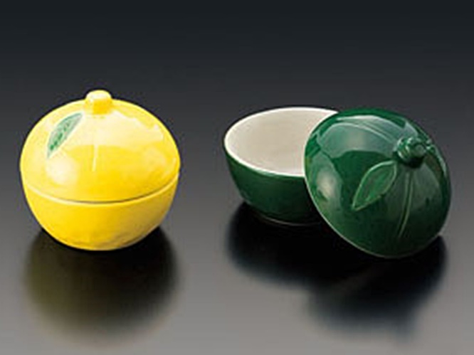 生活応援価格！和食器 新ゆず型珍味入(黄) 蓋付珍味入 キッチン雑貨