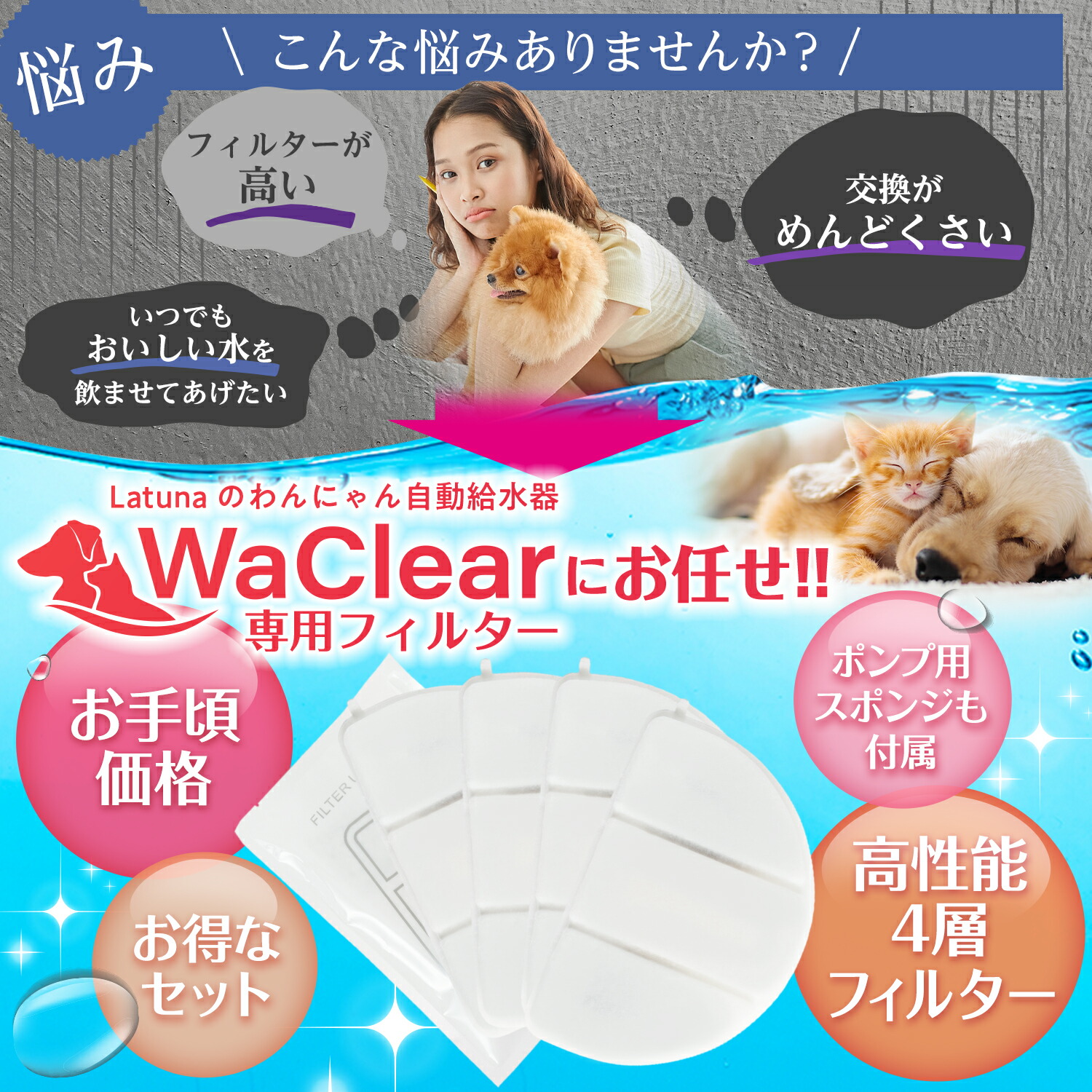 ワクリア 専用 フィルター 8枚入り ［日本の水質基準クリア］ 猫 給水器 犬 水飲み 水飲み器 Latuna 純正 自動給水器｜himjp｜03