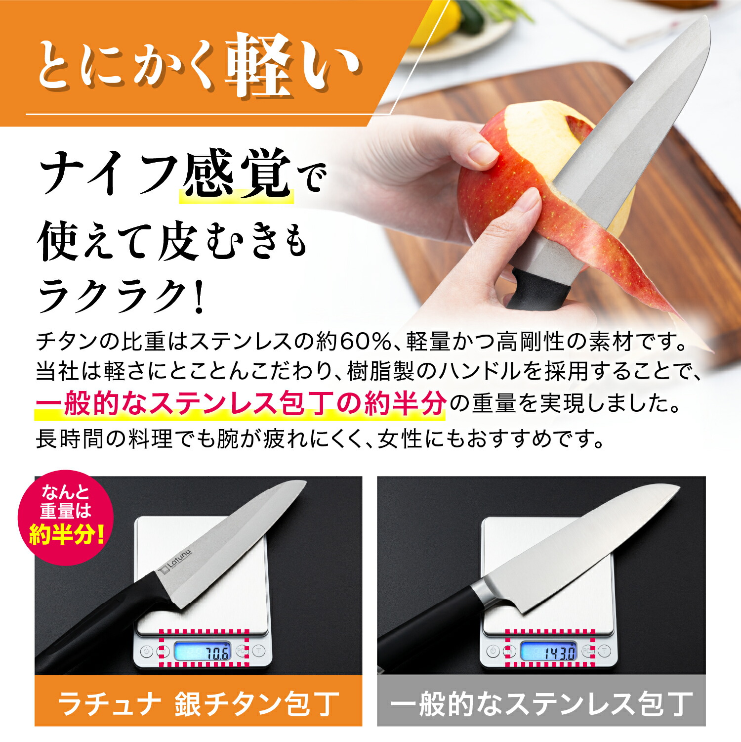 チタン 包丁 フルチタン包丁 三徳 日本製 よく切れる 三得包丁 錆びない 16cm 軽い 楽 軽量 70g 食洗機 対応 両刃 薄刃 切れ味 抜群 肉 刺身 キャンプ Latuna 関連画像3
