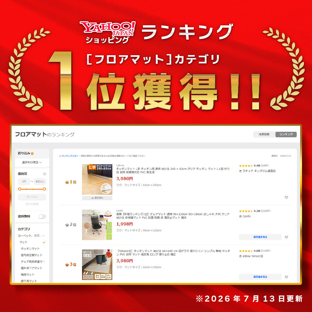 キッチンマット L字 キッチン用 透明 拭ける...の詳細画像1