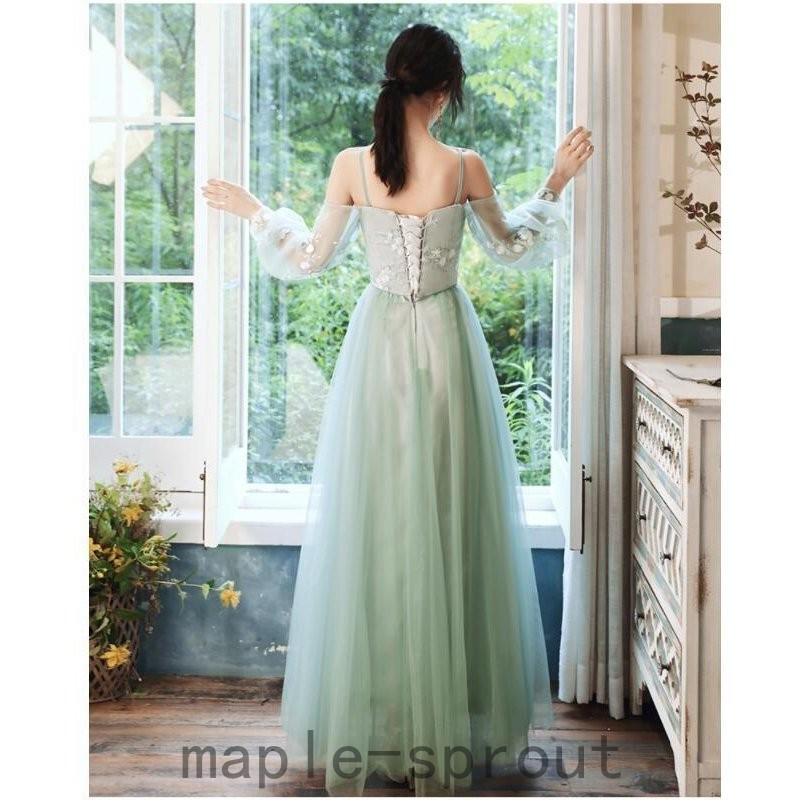 パーティードレス上品袖ありロング丈ドレスウエディングドレスブライズメイドドレス20代30代40代カラードレス演奏会ピアノ発表会コーラス衣装 ドレス、ブライダル 