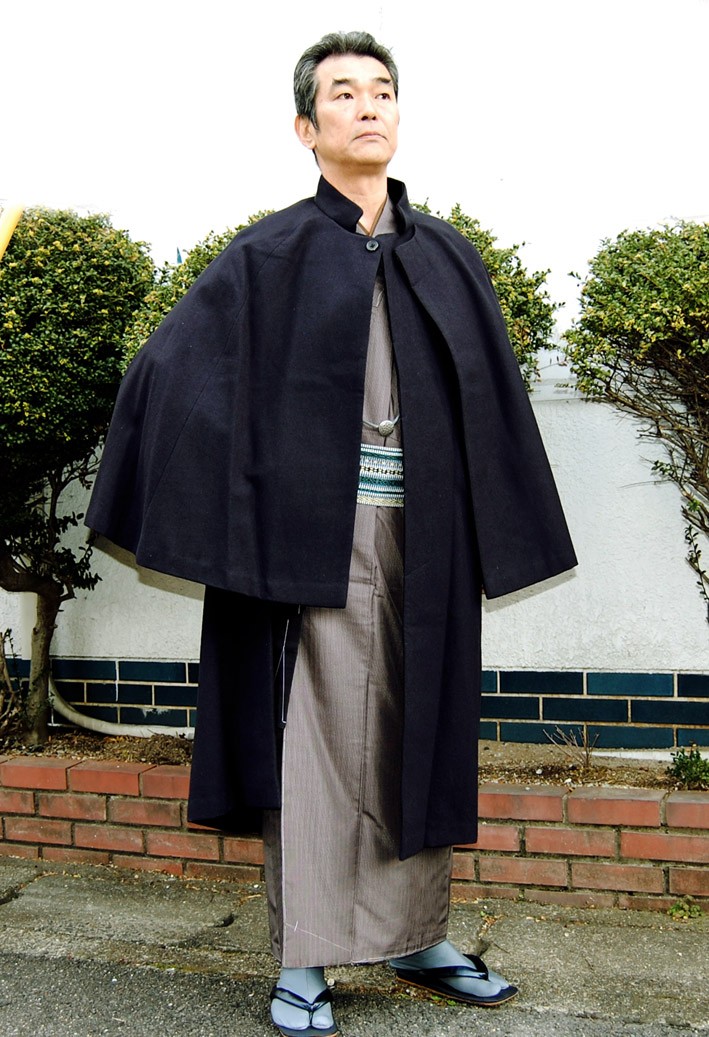 トンビコート　男性用とんびコート　インバネスコートA　黒グレー　和装　ウール混M~Lサイズ