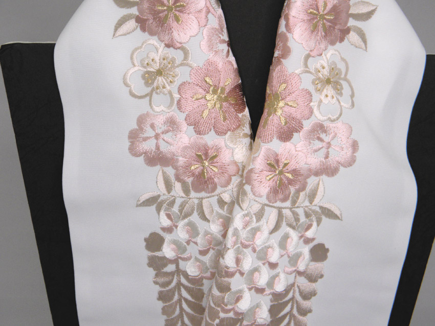 刺繍半衿 白地枝垂れ藤 シルエリー（新合繊） 振袖用・留袖