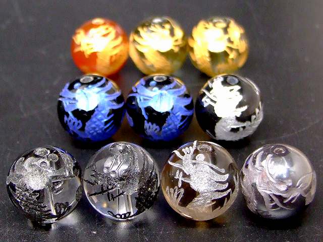 天然石 パワーストーン 66976 龍彫り 金 銀 素 青 黒彫り 14mm 10粒