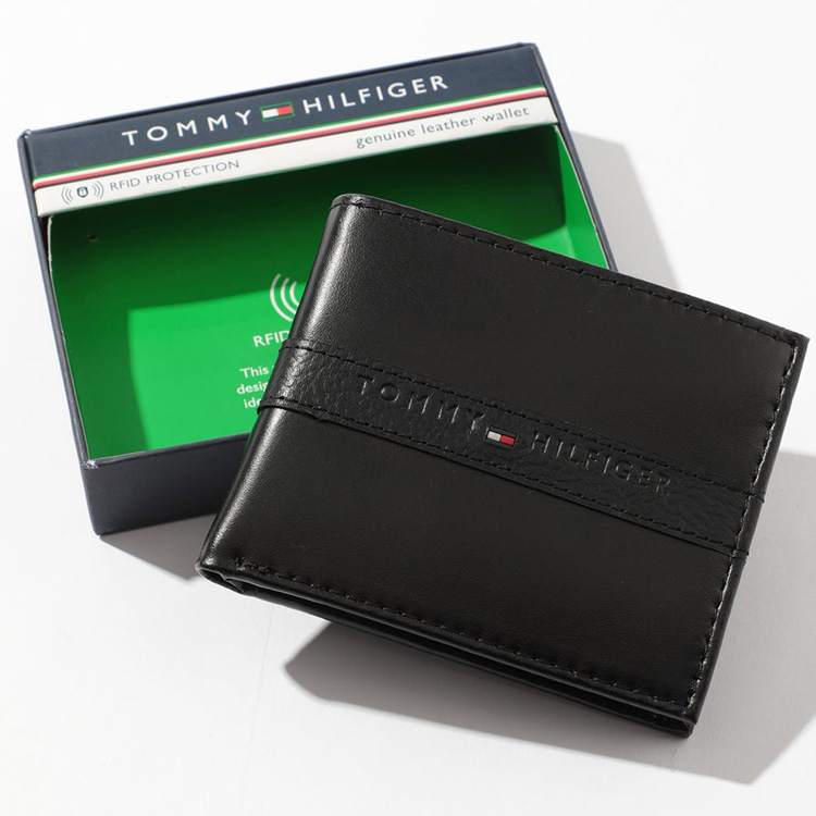 トミーヒルフィガー 財布 二つ折り レザー 本革 ブラック 黒色 ミニ財布 新品 TOMMY HILFIGER トミーヒルフィガー 財布 二つ折り ブラック