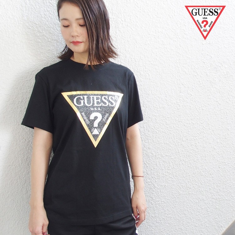 GUESS ゲス Tシャツ 半袖 メンズ レディース ラメ 箔プリント GOLD