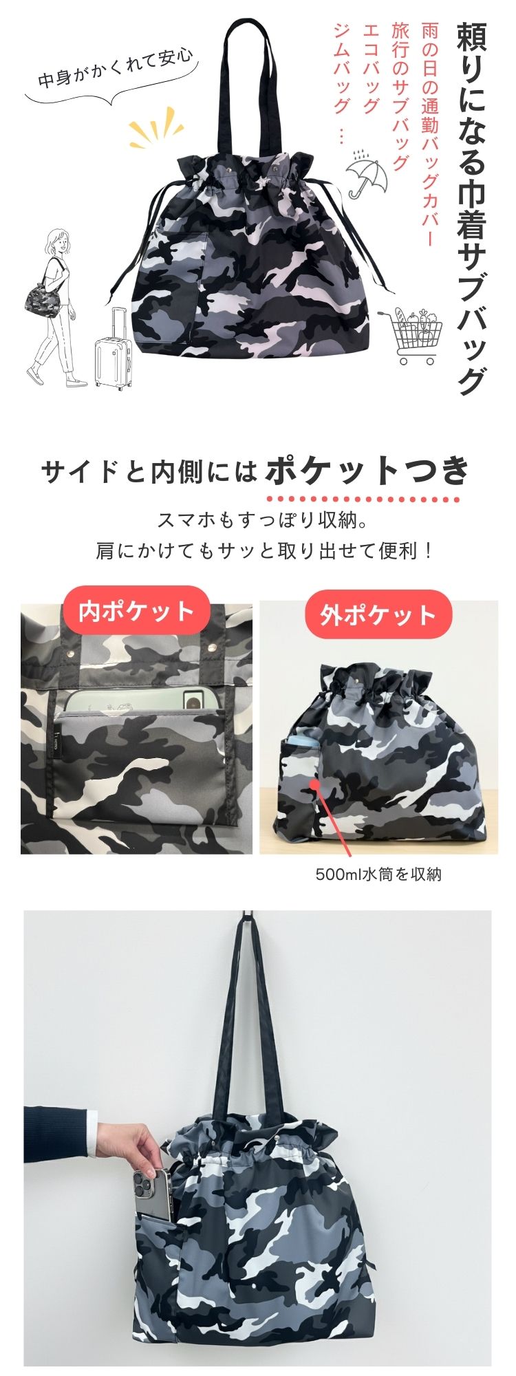巾着 サブバッグ トート 撥水 軽量 迷彩柄 折りたたみ 大容量 マチ付き