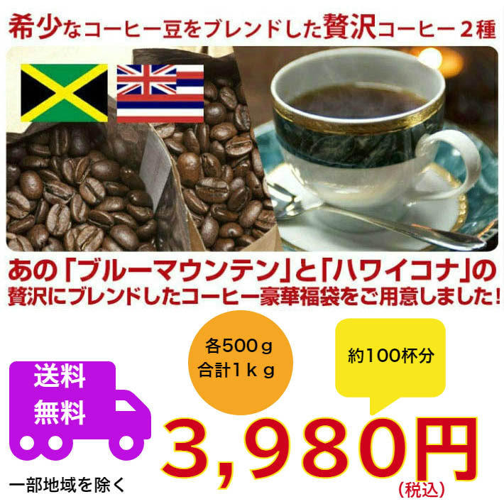 注目の福袋！ 珈琲 コーヒー 送料無料 コーヒー豆 ブルーマウンテンブレンド ハワイコナブレンド 2種類の贅沢コーヒー福袋  whitesforracialequity.org