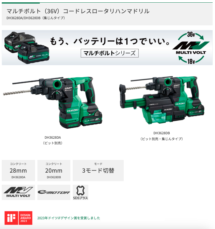 HiKOKI（ハイコーキ） コードレスロータリハンマドリル DH3628DA(2WPZ