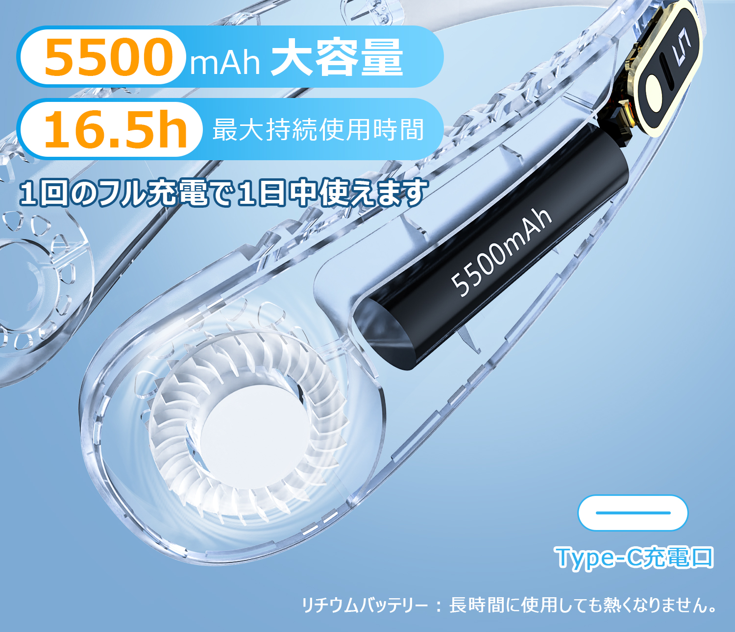 首掛け扇風機 ネックファン 5階段風量調節 USB充電式 5500mAh大