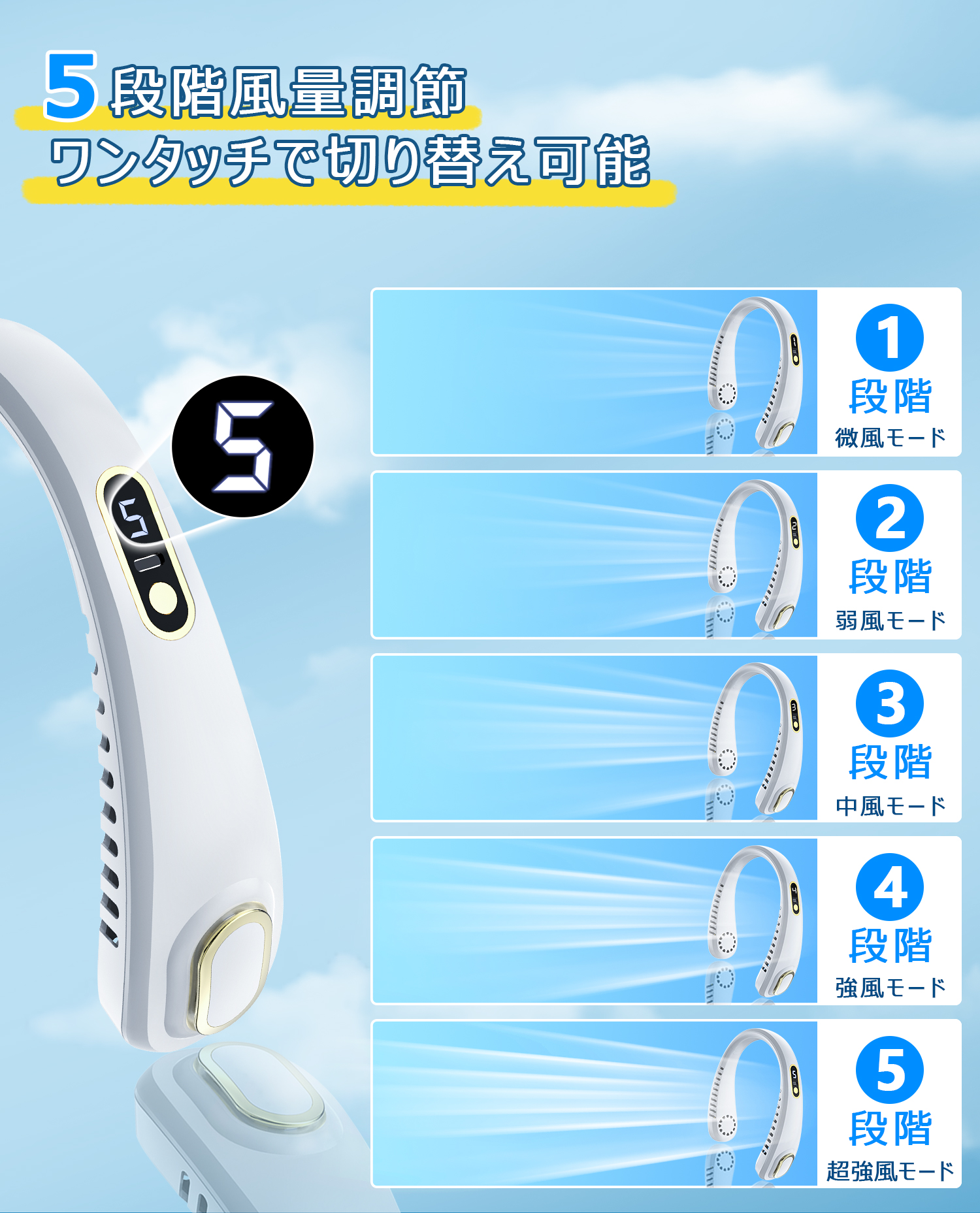首掛け扇風機 ネックファン 5階段風量調節 USB充電式 5500mAh大