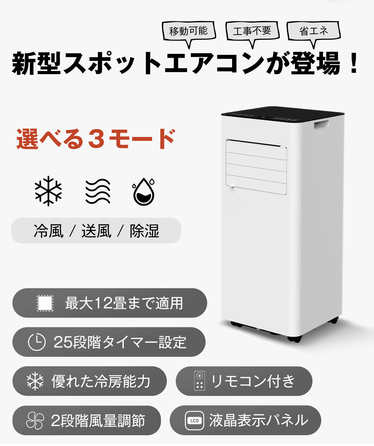 スポットエアコン スポットクーラー 工事不要 12畳 冷風 除湿