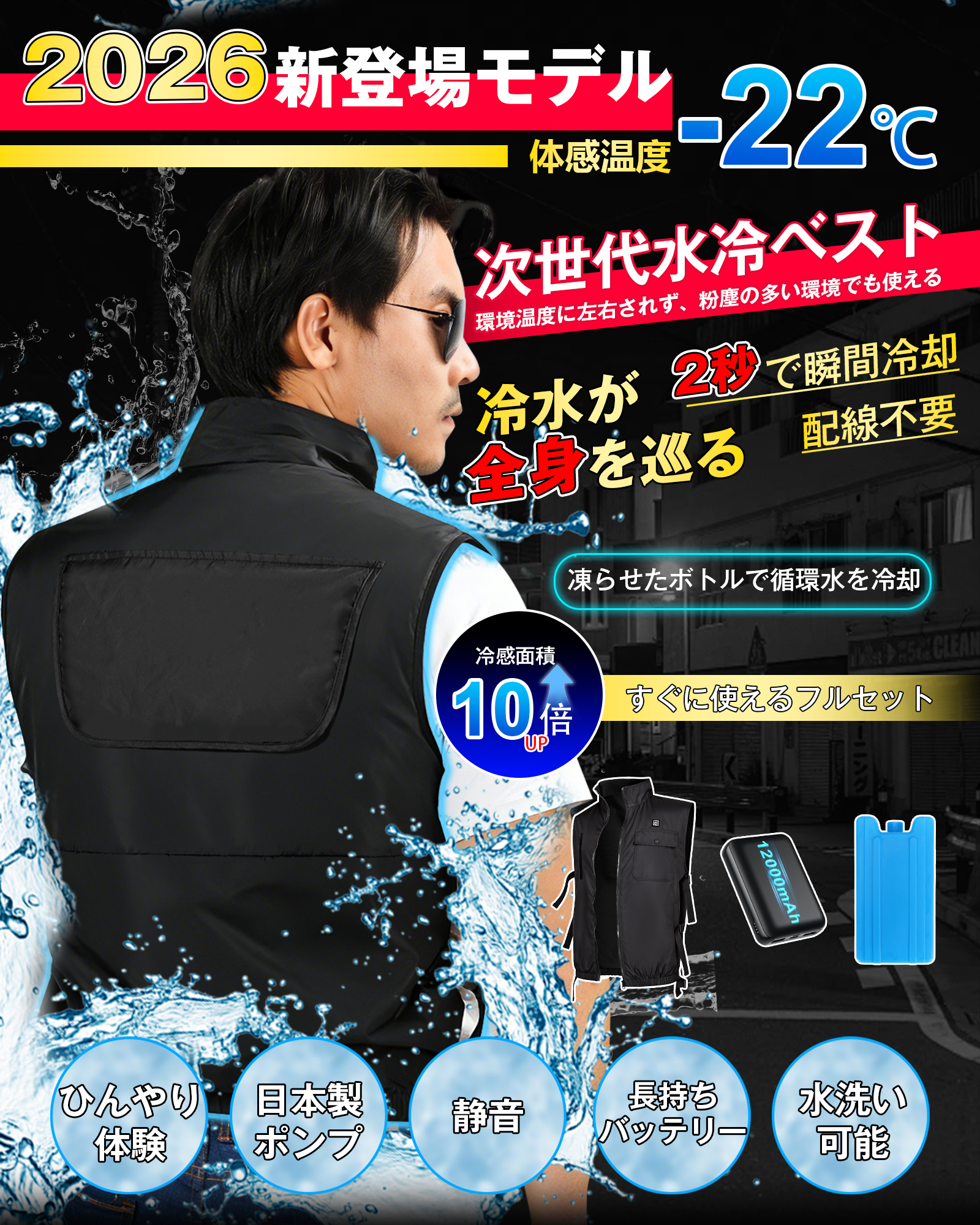2026新モデル】水冷服 水冷ベスト バッテリー付き 冷却ベスト 瞬間冷却