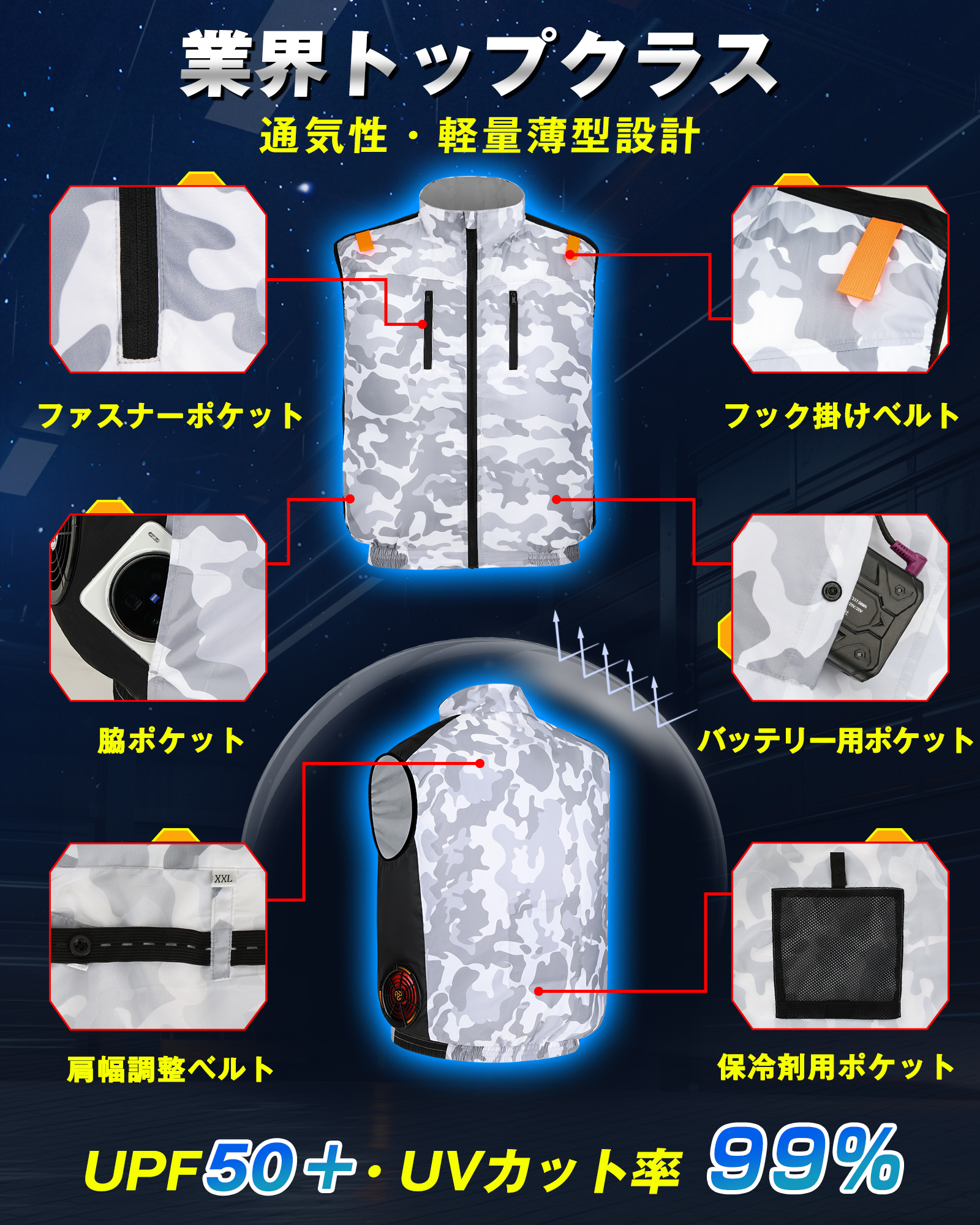 42V高出力】空調作業服 ファン付きウェア 210L/S爆風ファン 40800mAh