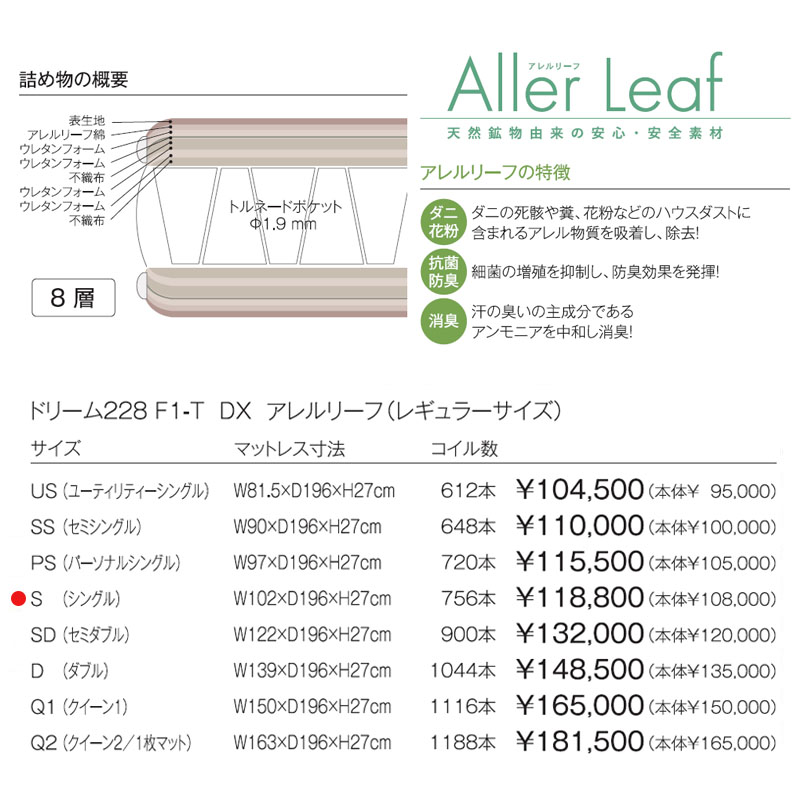 ドリームベッド（F1-T）DX シングル(直接引き取り18500円引き可) ドリームベッド マットレス ポケットコイル ポケット トルネード F1-T