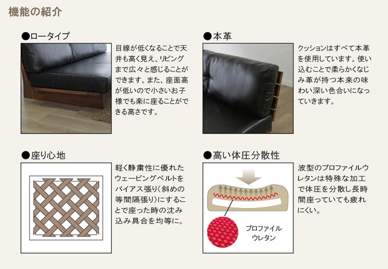 ソファ 本革 3人掛け 幅180cm LEATHER WOOD2 レザーウッド2 ロータイプ