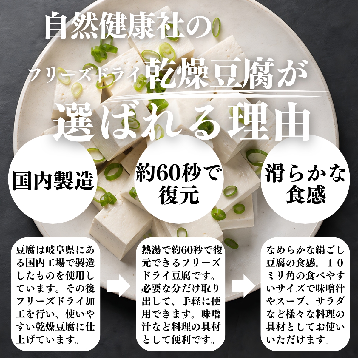 国内製造、約60秒で復元、滑らかな食感