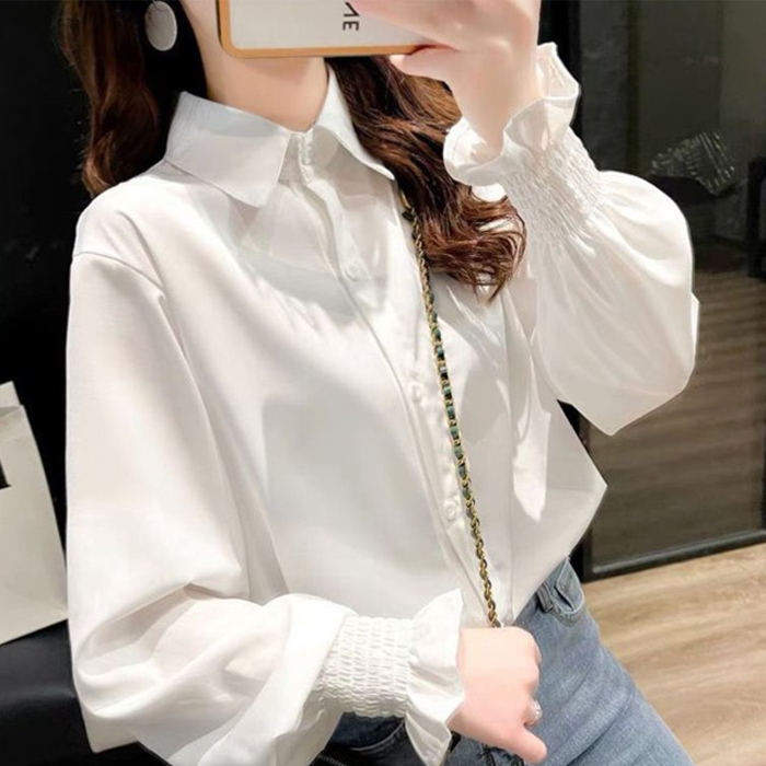 トップス ブラウス レディース シャツ フリル袖 ラッパ袖 長袖 オーバーシャツ  秋 春 大きめ BIG ゆったり 体型カバー おしゃれ | 