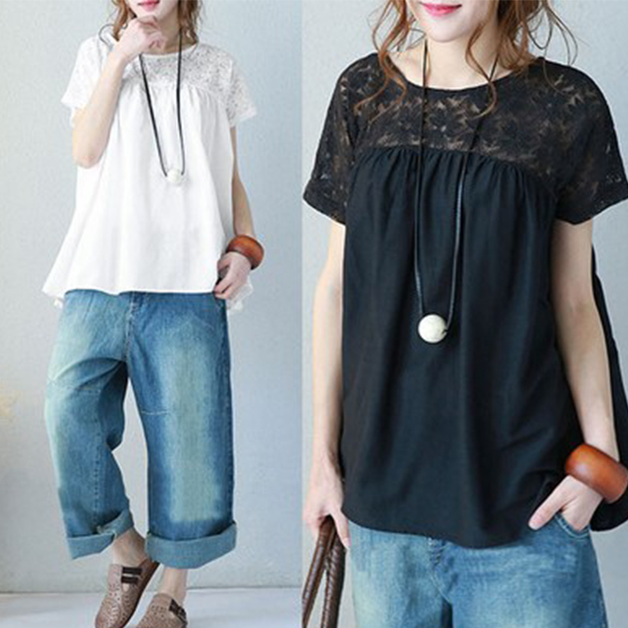 ブラウス レディース 半袖 クルーネック オーバーブラウス レース ロングブラウス 夏 プルオーバー  ゆったり 体型カバー |  | 03