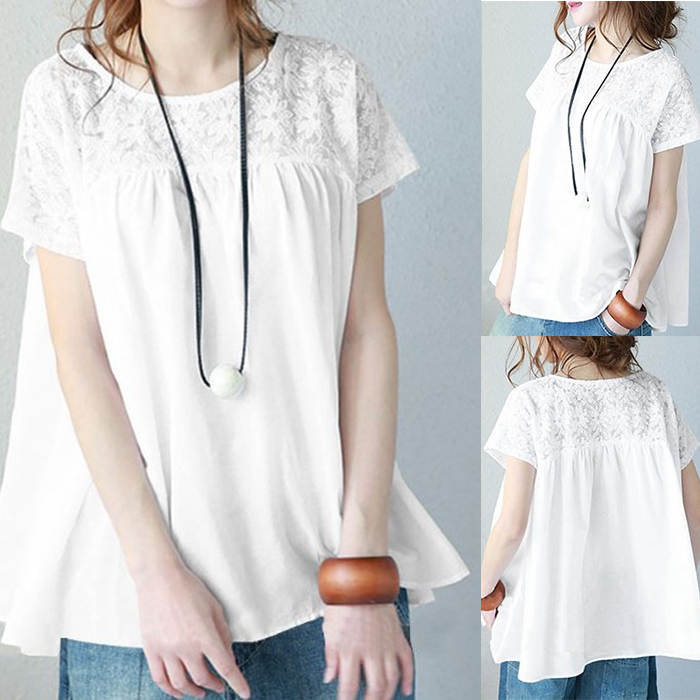 ブラウス レディース 半袖 クルーネック オーバーブラウス レース ロングブラウス 夏 プルオーバー  ゆったり 体型カバー |  | 01