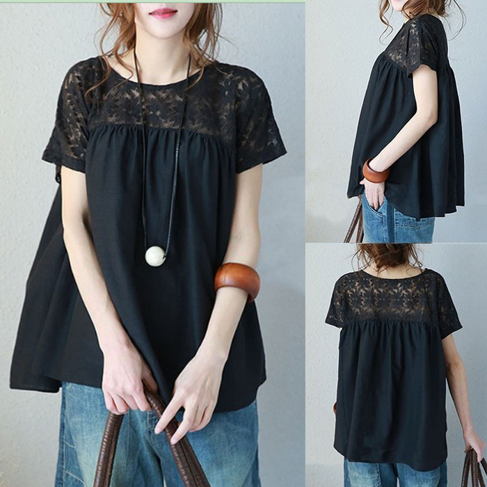 ブラウス レディース 半袖 クルーネック オーバーブラウス レース ロングブラウス 夏 プルオーバー  ゆったり 体型カバー |  | 02