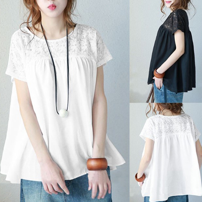 ブラウス レディース 半袖 クルーネック オーバーブラウス レース ロングブラウス 夏 プルオーバー  ゆったり 体型カバー |  | 05