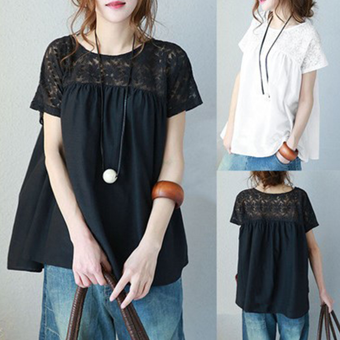 ブラウス レディース 半袖 クルーネック オーバーブラウス レース ロングブラウス 夏 プルオーバー  ゆったり 体型カバー |  | 06