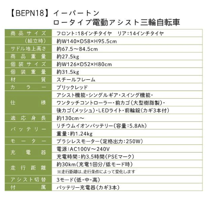 ミムゴ E-PARTON（イーパートン）BEPN18 ロータイプ電動アシスト三輪