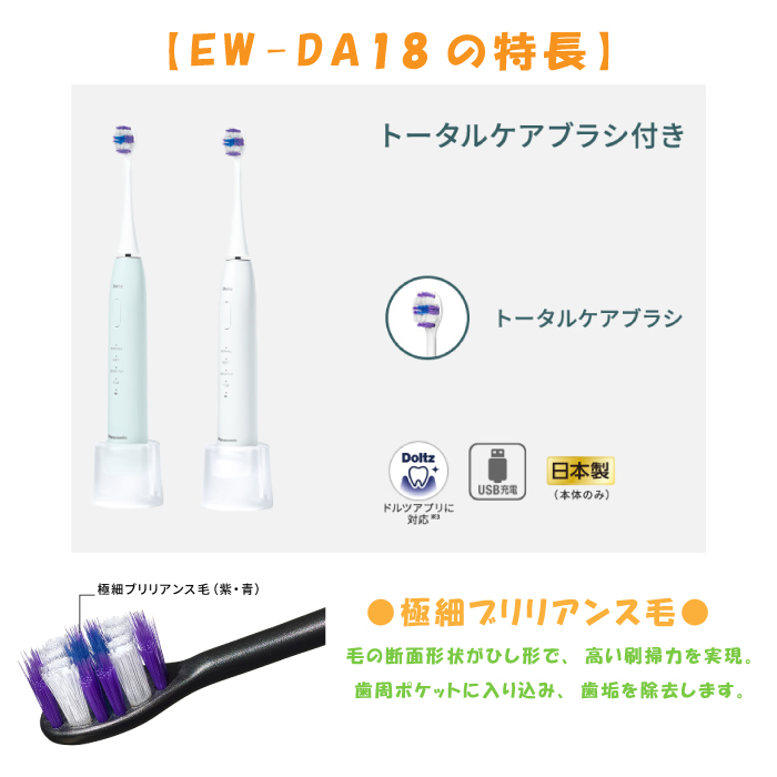 2024年9月1日 新発売 最新 新型 パナソニック 音波振動歯ブラシ ドルツ EW-DA18 ホワイト 白 ミントグリーン 電動歯ブラシ Doltz  日本製 防水 新型 最新 新製品 : ew-da18 : Atelier Easel - 通販 - Yahoo!ショッピング