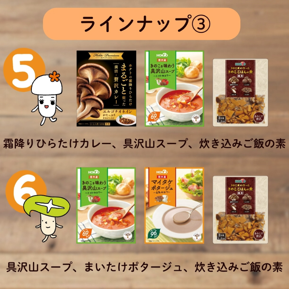 ラインナップ 霜降りひらたけカレー 具沢山スープ マイタケポタージュ 国産きのこごはんの素 2合用