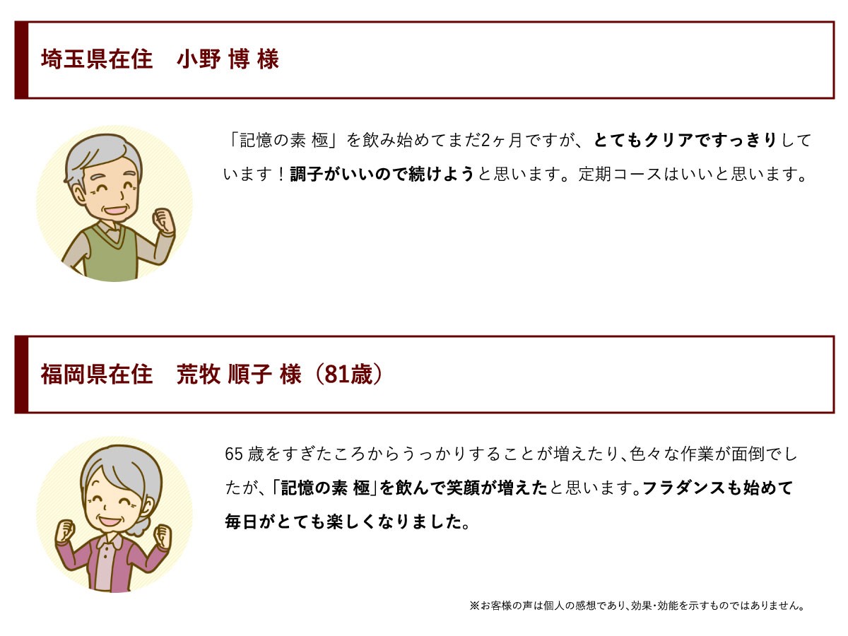 埼玉県在住 小野博様：「記憶の素 極」を飲み始めてまだ2ヶ月ですが、とてもクリアですっきりしています。調子がいいので続けようと思います。定期コースはいいと思います。／福岡県在住 荒牧順子様：65歳を過ぎたころからうっかりすることが増えたり、色々な作業が面倒でしたが、「記憶の素 極」を飲んで笑顔が増えたと思います。フラダンスも初めて毎日がとても楽しくなりました。