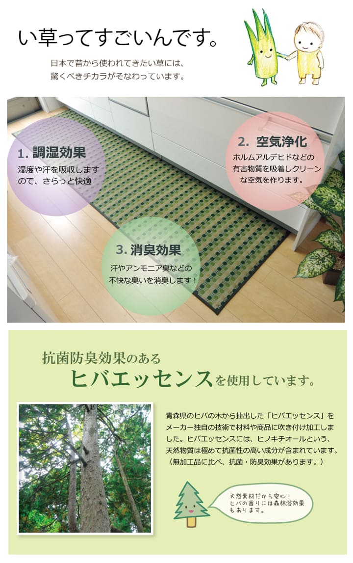 キッチンマット 夏 80×270cm い草ドット柄 おしゃれ 滑りにくい