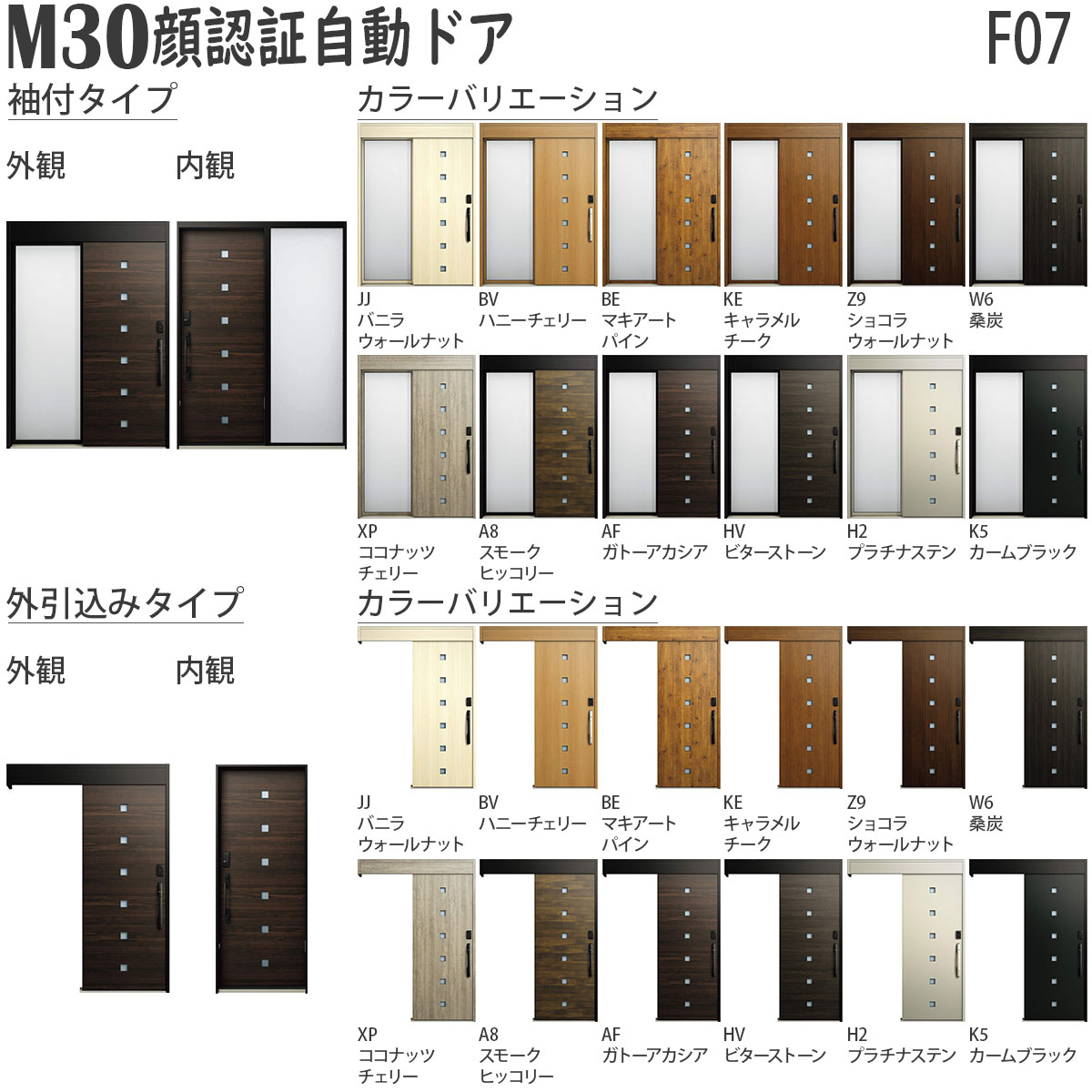 YKKAP 玄関扉 断熱 玄関引戸 M30顔認証 自動ドア 袖付きタイプ F07：関東間入隅・2x4 幅1640mm×高2235mm