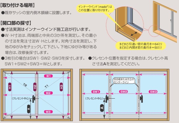 インナーウインドまどまど 引き違い窓 4枚建 複層ガラス[透明3mm+不透明4mm][幅2700×高1200]