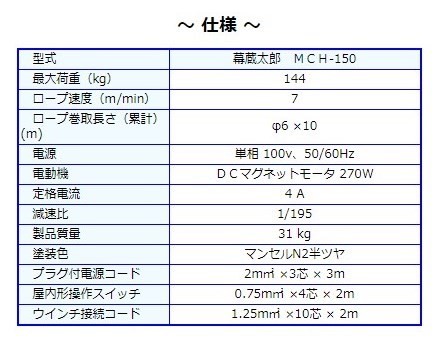 富士製作所 MCH-150X15M 電動ウィンチ（幕蔵太郎） : mch-150x15m